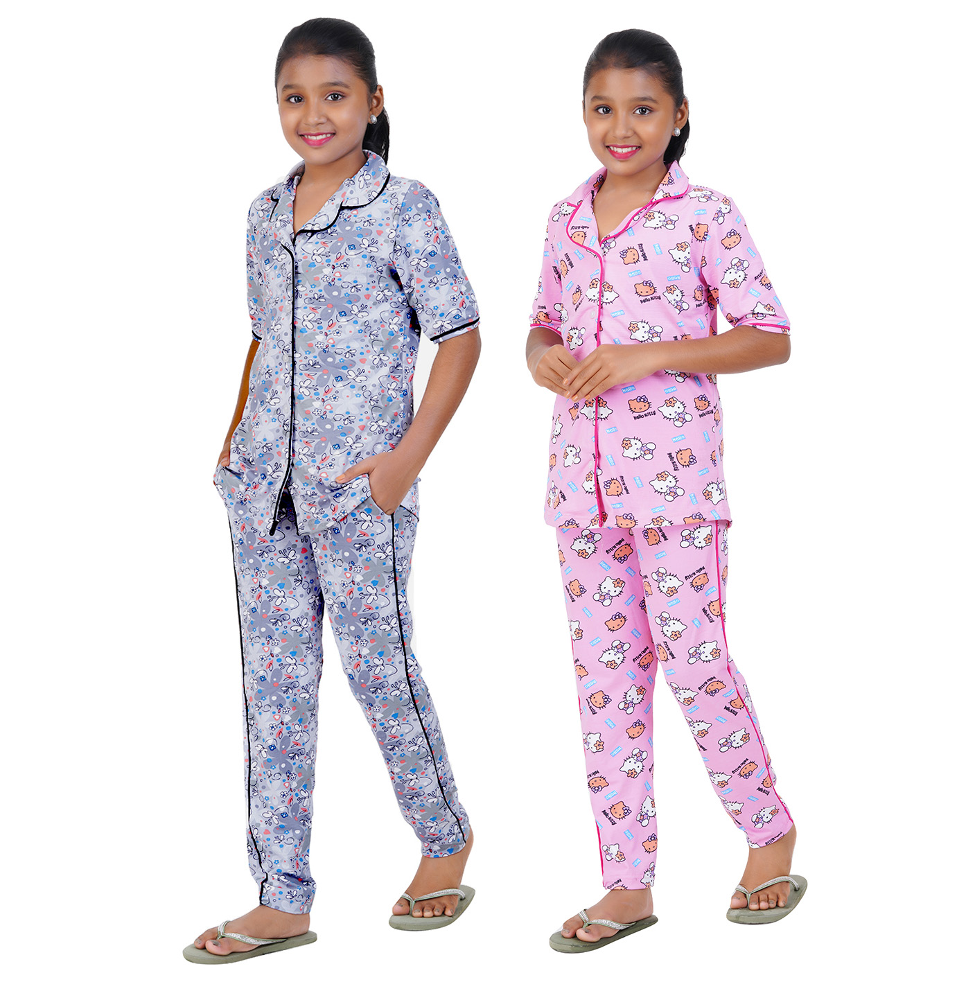 GIRLS PYJAMA FULL SET(GREY &PINK) (2 COMBO)
