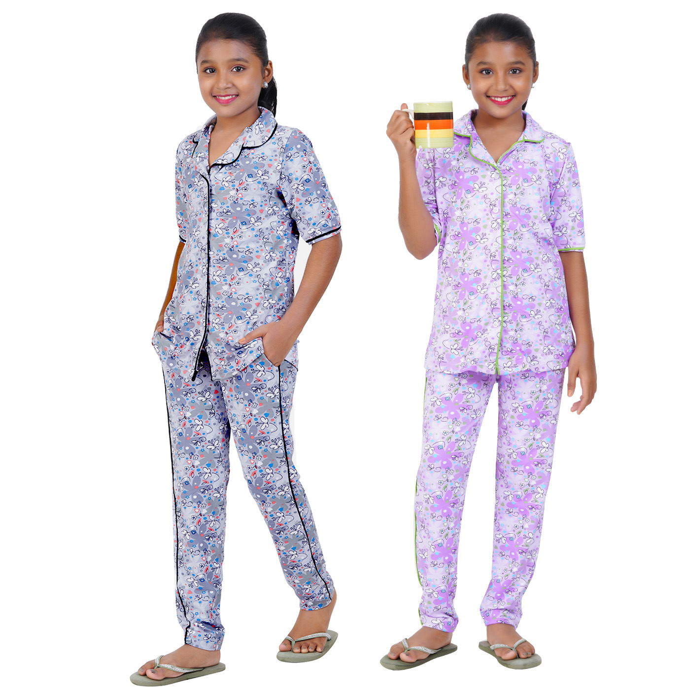 GIRLS PYJAMA FULL SET (GREY &  PURPLE) (2 COMBO)
