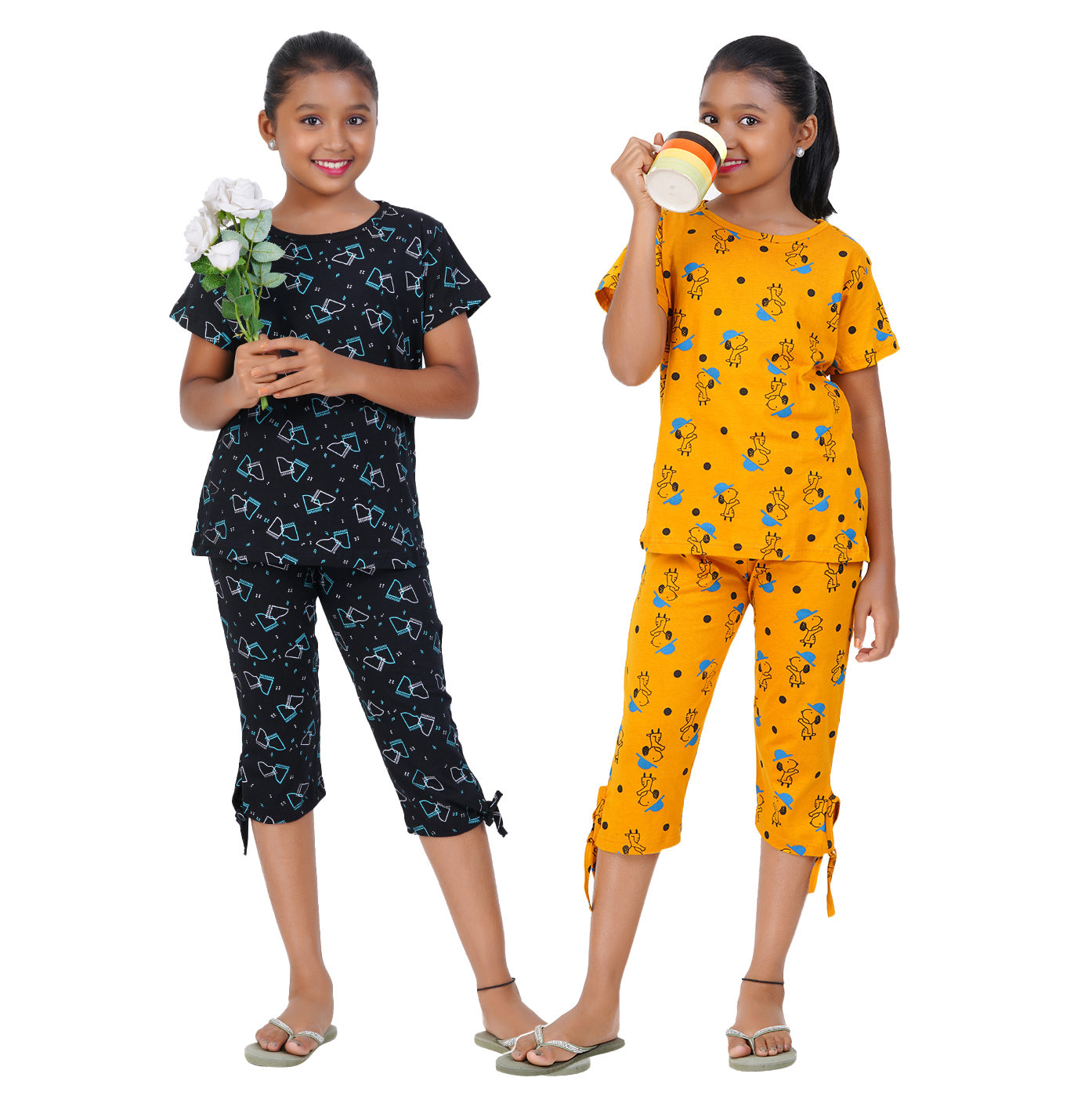 GIRLS BLACK & MUSTARD PRINTED CAPRI SET