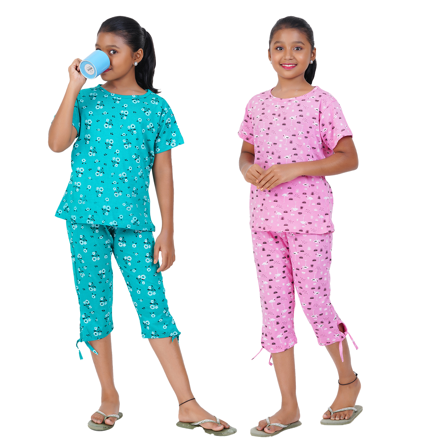 GIRLS GREEN & PINK PRINTED CAPRI SET(2 COMBO)